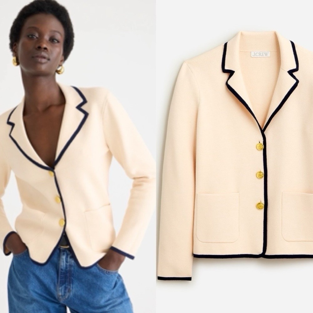 J Crew Contrast Trim Waisted Sweater Blazer Sz M Champagne Office Career Preppy